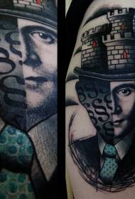 Topi kastil gaya surealis dengan pola tato potret pria