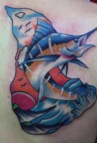الگوی خال کوبی ماهی بزرگ دریایی پشت نقاشی شده