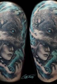 Värillinen susi pää ja nainen kasvot fancy yhdistelmä tatuointi malli