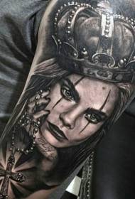 Arm color realistic female portrait with crown and cross tattoo pattern