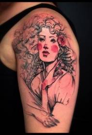Spalvota moteris su velnio portreto tatuiruotės modeliu