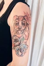 Patrón de tatuaje de flor de perro lindo estilo de dibujo de brazo grande