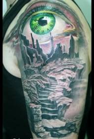 Nagy kar színű titokzatos romok és zöld szem tetoválás minta