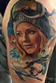 Ilustracja stylu kolor realistyczne kobiety tatuaż narty wzór