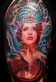Modello di tatuaggio colorato bellezza ritratto e occhio alla vaniglia
