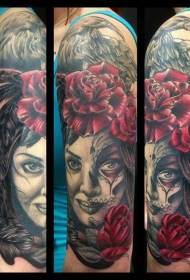 Uusi kouluvärinen puomi tyttö muotokuva ruusu ja varis tatuointi malli