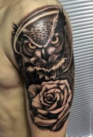 Arm real style owl with rose tattoo tattoo