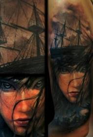 Colorful woman face with sailboat combined with tattoo pattern