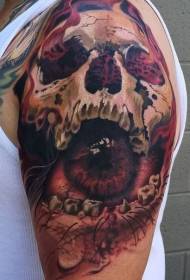 Cranio espeluznante de gran brazo con tatuaxe de ollos