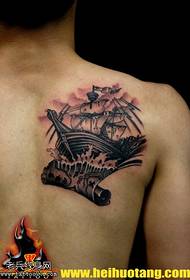 Shoulder spooky pirate ship tattoo pattern
