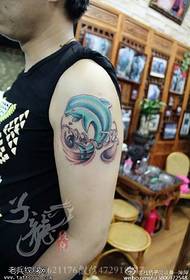 Shoulder blue dolphin tattoo model