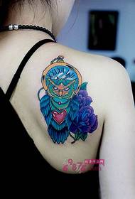 HD owl with clock shoulder tattoo picture