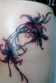 Girls' shoulders, two red and black mandala patterns