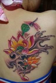 肩部纹身图案:经典流行肩部彩色莲花蜻蜓纹身图案