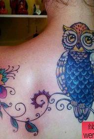 Γυναίκα χρωματιστό μοτίβο τατουάζ ώμου κουκουβάγια