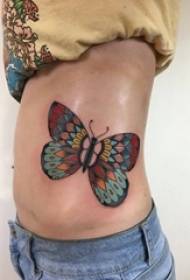 बाजू कंबर टॅटू आकृती मुलगी बाजू कंबर रंगीत फुलपाखरू टॅटू चित्र