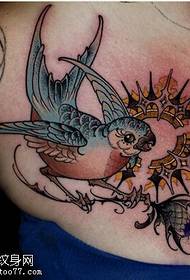I tatuaggi di uccelli colorati da donna sono condivisi dai tatuaggi