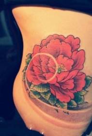 sexig skönhet midja traditionell röd pion blomma tatuering mönster