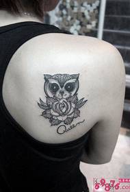 Rose Owl Black and White Shoulder Tattoo