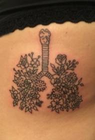 女孩在腰部的側面上黑色幾何簡單線條植物花型肺紋身圖片