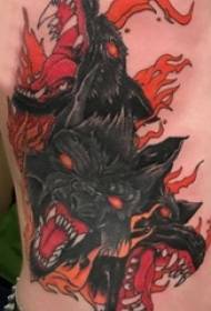 Jungen an der Seite der Taille gemalt Gradienten einfache Linie Flamme und dreiköpfige Hund Tattoo Bilder