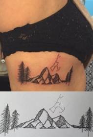 Mädchen an der Seite der Taille auf dem schwarzen Punkt der einfachen Linie großen Baum und Berg Tattoo-Bilder