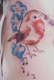 Illustrazione del tatuaggio della vita laterale Vita laterale della ragazza sull'immagine del tatuaggio dell'uccello e del fiore