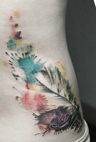 fashion side waist color splash ink style feather tattoo ຮູບພາບ