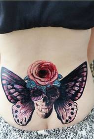 时尚女性后腰蝴蝶骷髅头玫瑰花纹身图图片