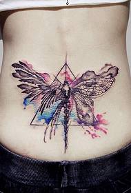 Tatuaggi geometrici a forma di libellula che cadono sul retro della vita