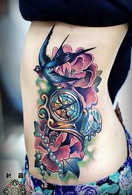 female waist color swallow compass peony flower tattoo pattern