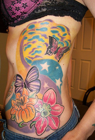 sivuttain värillinen tausta kukka perhonen tatuointi