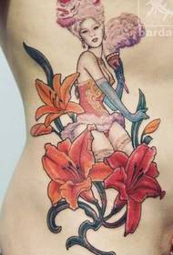 Waist Beauty Flower Tattoo Pattern 69775 - الظهر نمط لوتس القط وشم الخصر