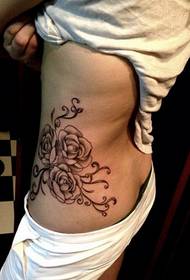 female side waist rose tattoo pattern