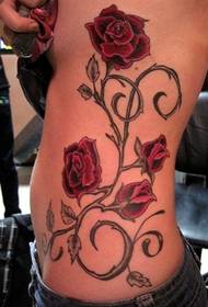 female waist red rose tattoo pattern