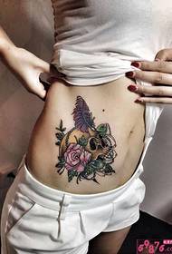 Creative Rose höfuðkúpa Feather Waist Tattoo Picture