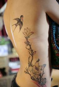 Female side waist color swallow personality flower tattoo pattern