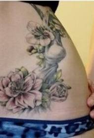 섹시 미녀 허리 신선하고 아름다운 하얀 연꽃 문신 그림