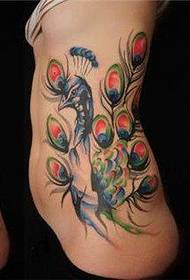 A figura di u tatuu hà cunsigliatu u latu di una donna in cintura à colori di u pavone funziona u tatuu di pavone
