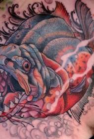 terug nieuwe school gekleurde kwaadaardige gewelddadige vis tattoo patroon