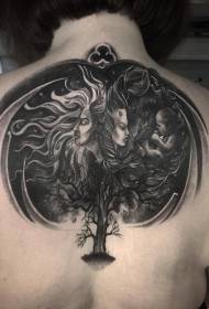 back Engraving style black and white mysterious man and big tree tattoo pattern