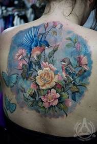 indietro splendidi bellissimi uccelli colorati e motivo tatuaggio farfalla rosa