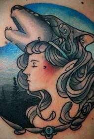 задняя волчья и лесная женщина цветной рисунок татуировки
