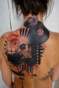 レコードの入れ墨のパターンを持つ少女バック黒と赤の頭蓋骨