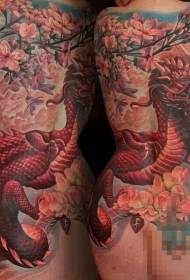 indietro Modello di tatuaggio di drago e fiore di colore in stile giapponese