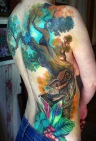 back beautiful colored tree house with flower tattoo pattern