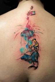 バック漫画スタイル色の傘のタトゥーパターンを持つ少女