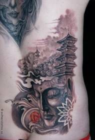 back brilliant Buddha statue with temple and lotus tattoo pattern