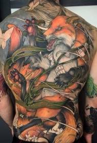 返回現代風格的彩色狐狸戰士與蝴蝶紋身圖案
