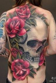 teljes hát és hatalmas vörös rózsa reális tetoválás minta